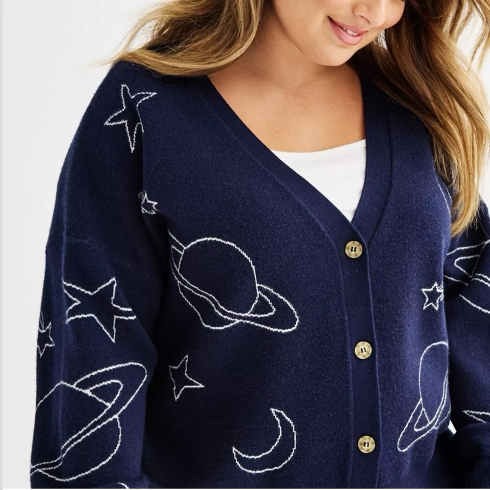 Button-Front Cardigan, Universe, Blue/White, Sz M by SO®, NEW, Astrology